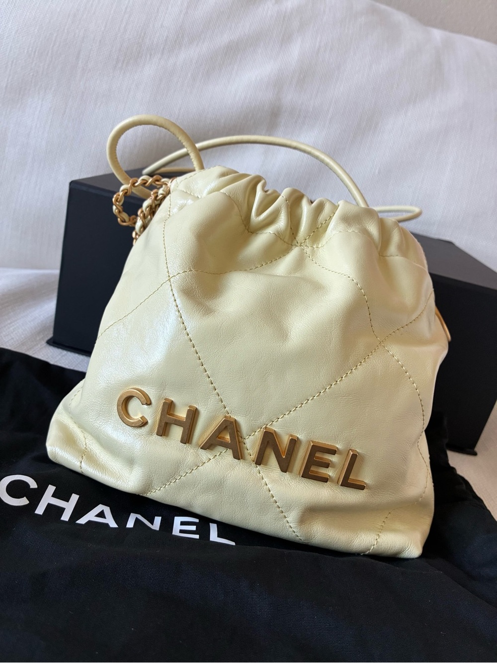 Chanel 22 Mini Quilted Pale Yellow Leather Hobo Bag W/ Box